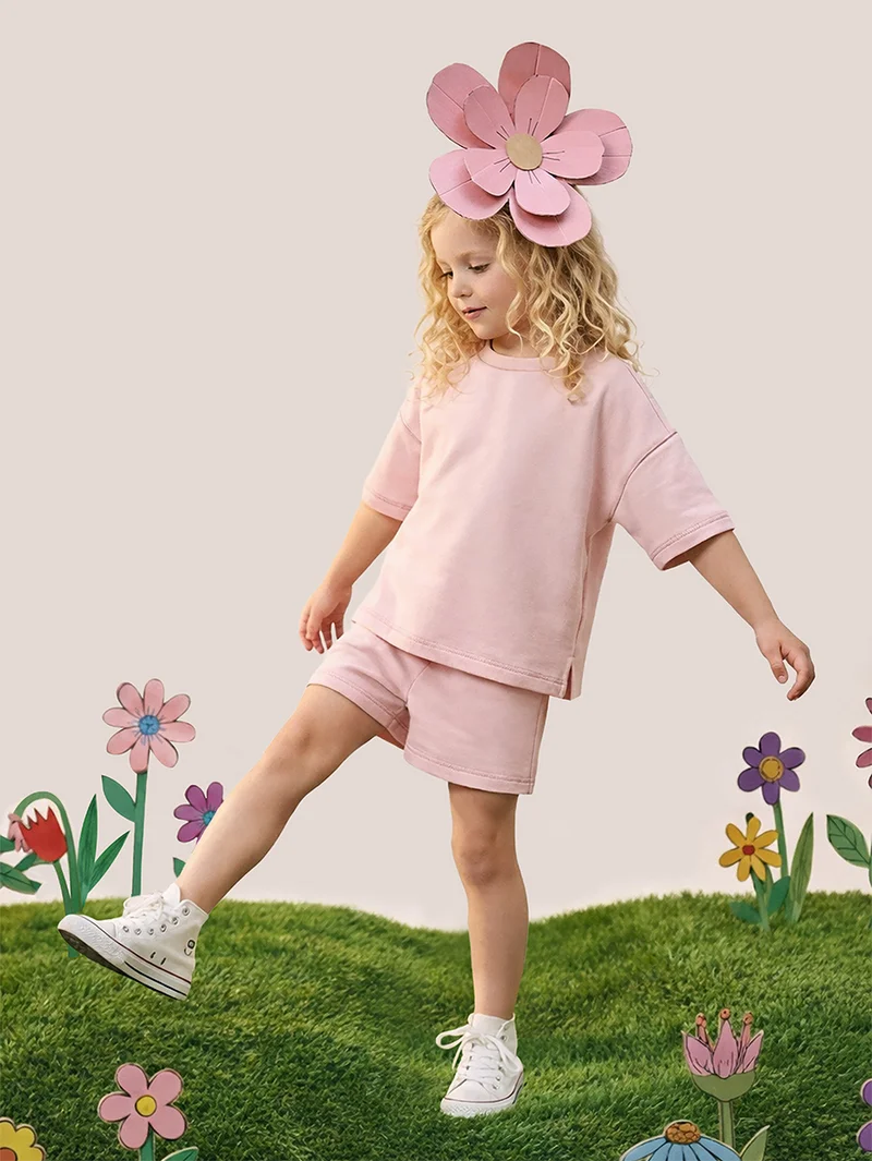 ج&مشب طقم فتيات كبير الحجم تي شيرت وشورت قطن % وردي